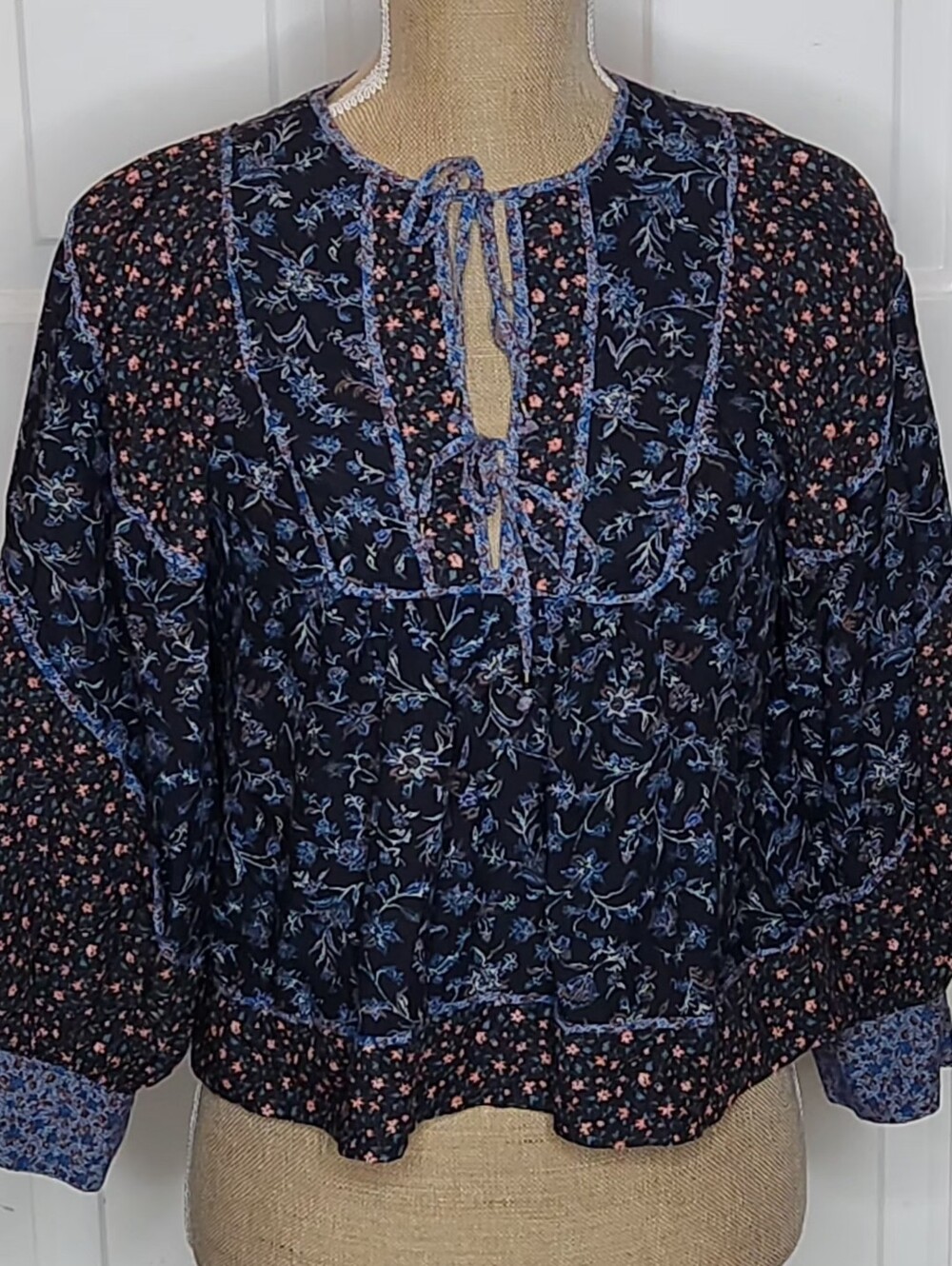 Ulla Johnson Navy Blue Floral Peasant Blouse with Pink Accents Size 0